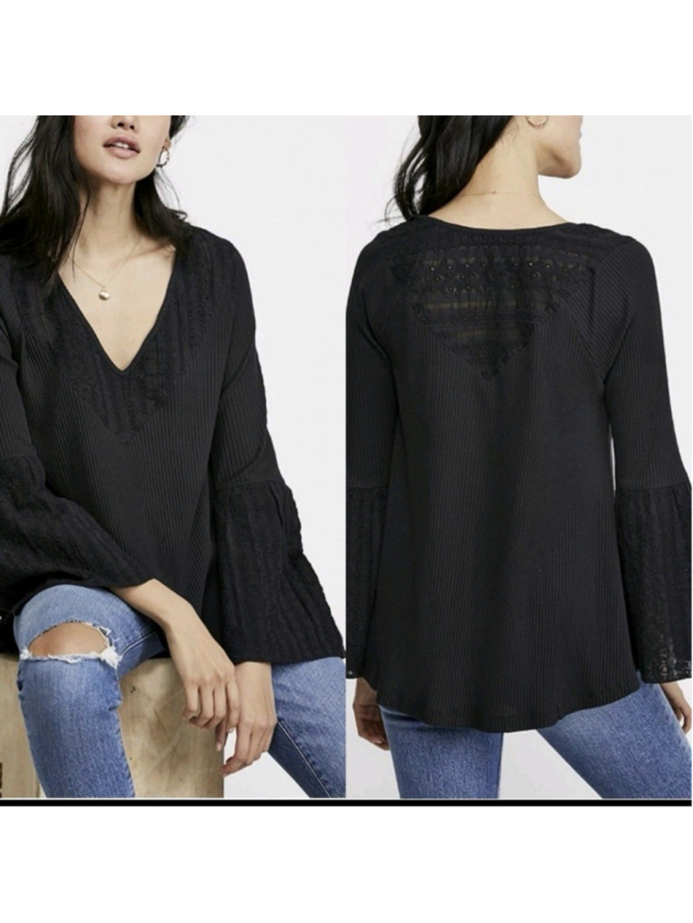 Free People Womens Parisian Nights Bell Sleeve Top Small Black Embroidered Boho